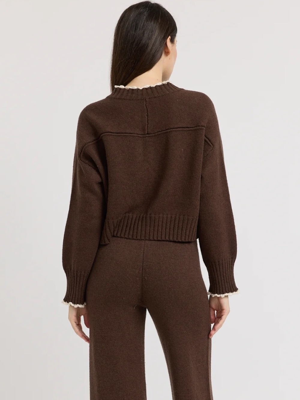 En Saison Victoria Chocolate Brown Ruffle Trim Cardigan Sweater NWT - Picture 2 of 8